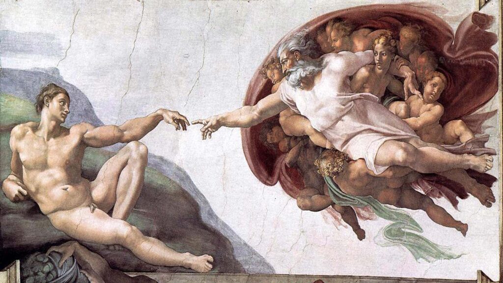 Sistine chapel ceiling. God reaches out to touch Adam's hand.